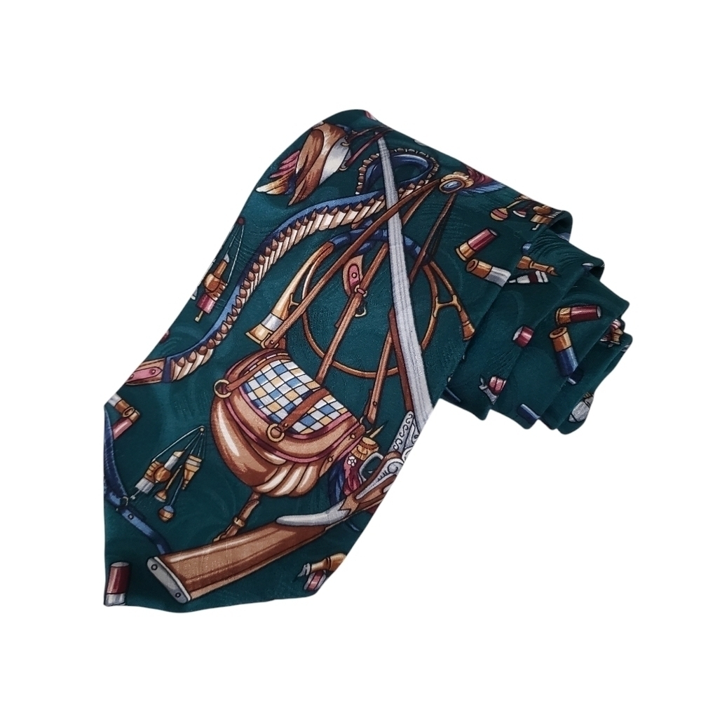 NWT Vintage Hamley & Scott Silk Tie Hunting Theme Dark Green & Brown